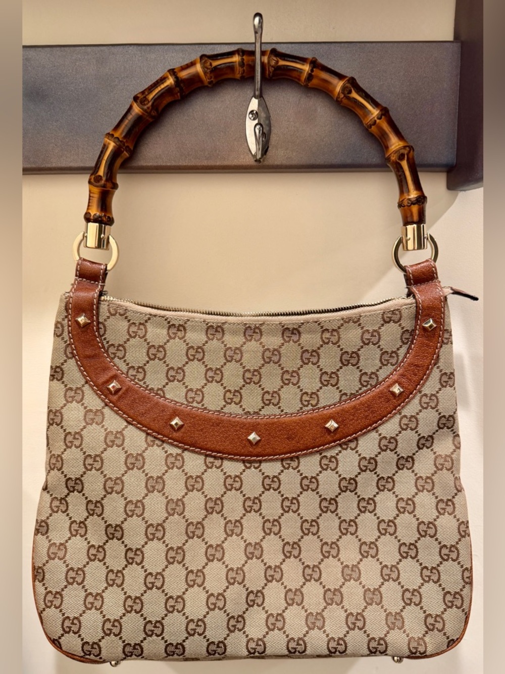 Gucci GG Canvas Bamboo Top Handle Shoulder Bag Brown Monogram Made in Italy